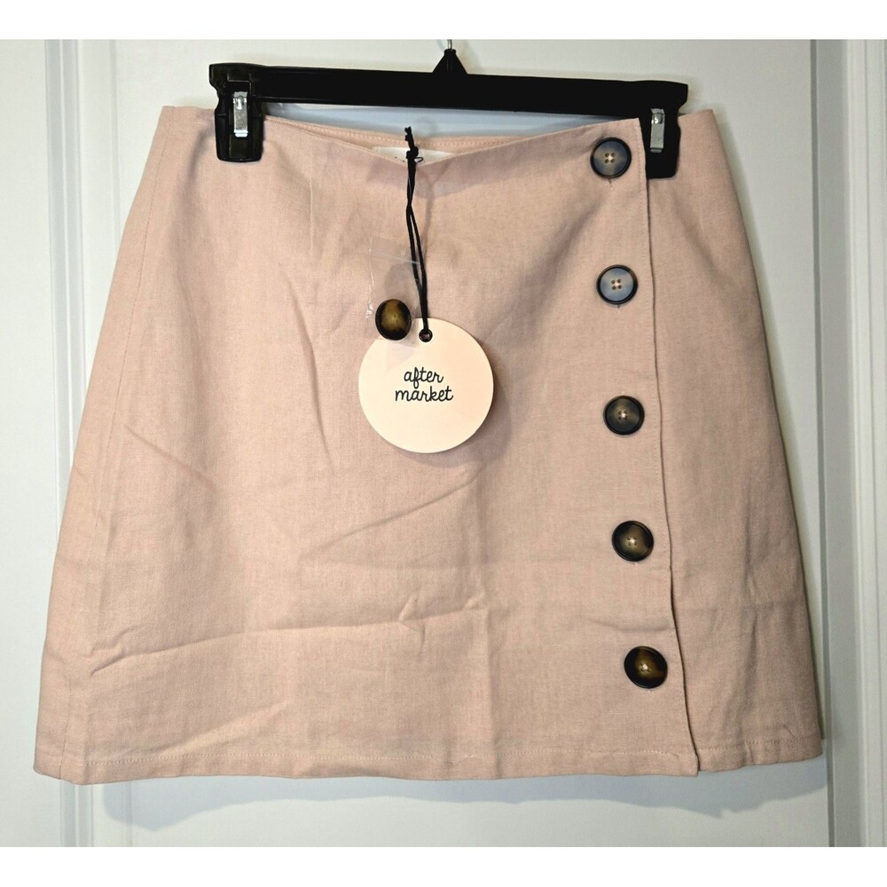 NWT After Market Pink Linen Blend Button Front Asymmetrical Mini Skirt Size M